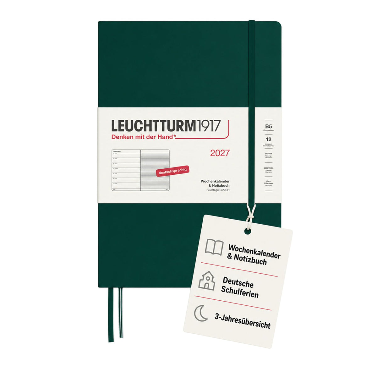 LEUCHTTURM1917 Calendar săptămânal 2027 Compoziție (B5) cu caiet - Planificator de întâlniri german, Verde pădure, ianuarie-decembrie 2027, Prezentare generală săptămânală în stânga + Pagina de note în dreapta - 400043
