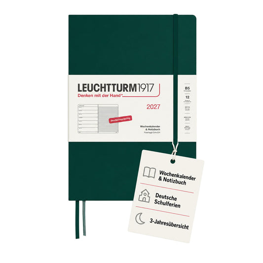 LEUCHTTURM1917 Weekly Calendar 2027 Composition (B5) with Notebook - German Appointment Planner, Forest Green, January-December 2027, Weekly Overview on the Left + Notes Page on the Right - 400043