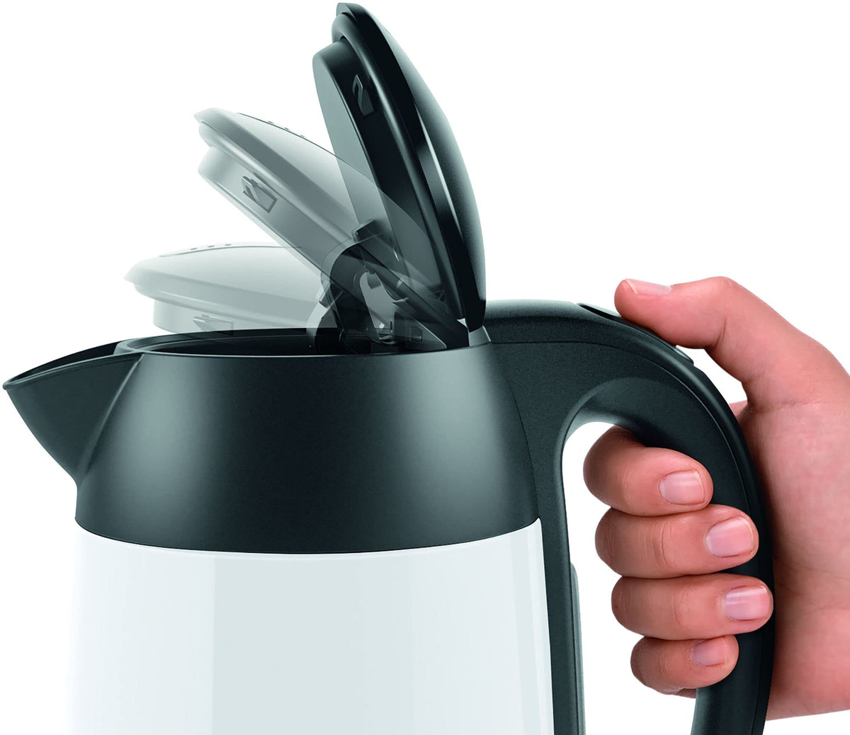 Bosch cordless kettle DesignLine TWK3P421  
 DesignLine cordless kettle, spill-free pouring, cup indicator, water level indicator, overheating protection, 1.7 L, 2400 W, white