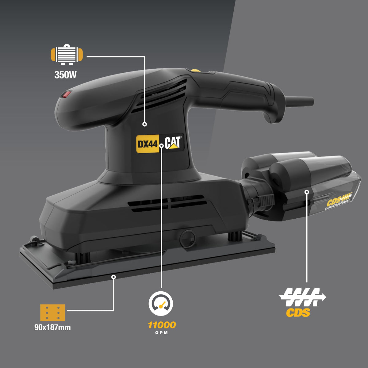 CAT DX44 Schwingschleifer 350W, 113x230 mm suprafață de șlefuire, 6000–11000 rpm, 2.4 mm circuit de oscilație, (inclusiv cutie de praf cu ciclon, adaptor, hârtie de șlefuit și perforator)