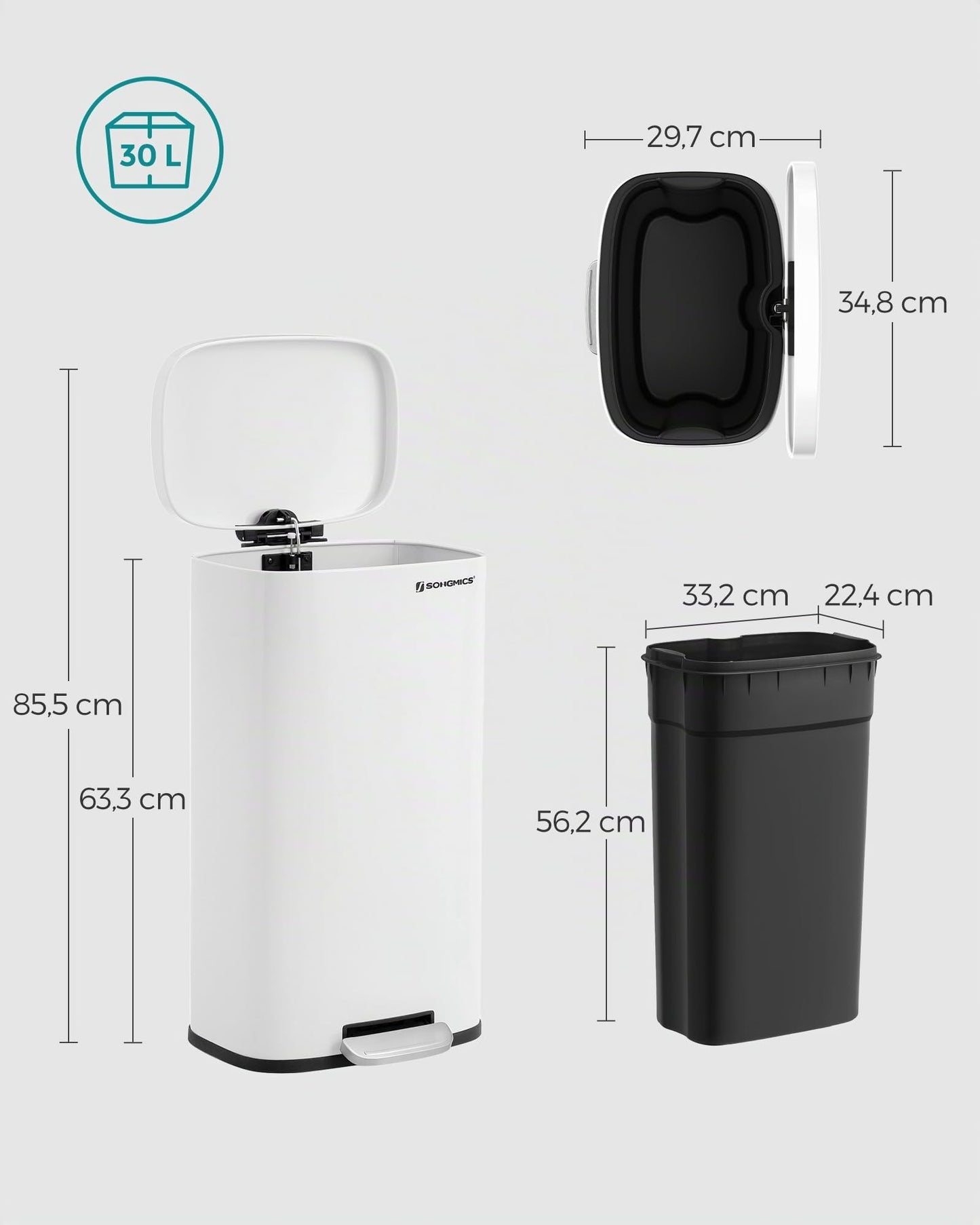 SONGMICS kitchen rubbish bin, 30 liters, waste bin, pedal bin, with lid, soft close, foot pedal, steel, inner bin, white LTB03WT