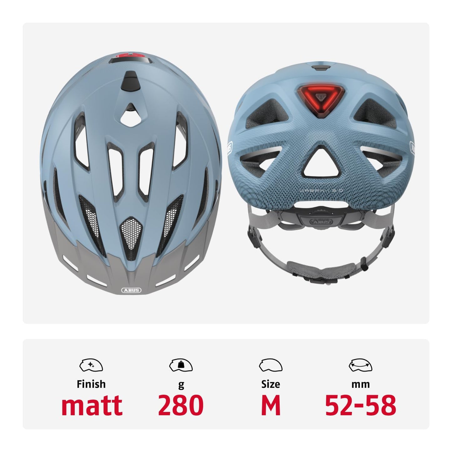 ABUS city helmet Urban-I 3.0 - bicycle helmet with rear light, peak and magnetic fastener - for women and men - light blue, size M - 86895