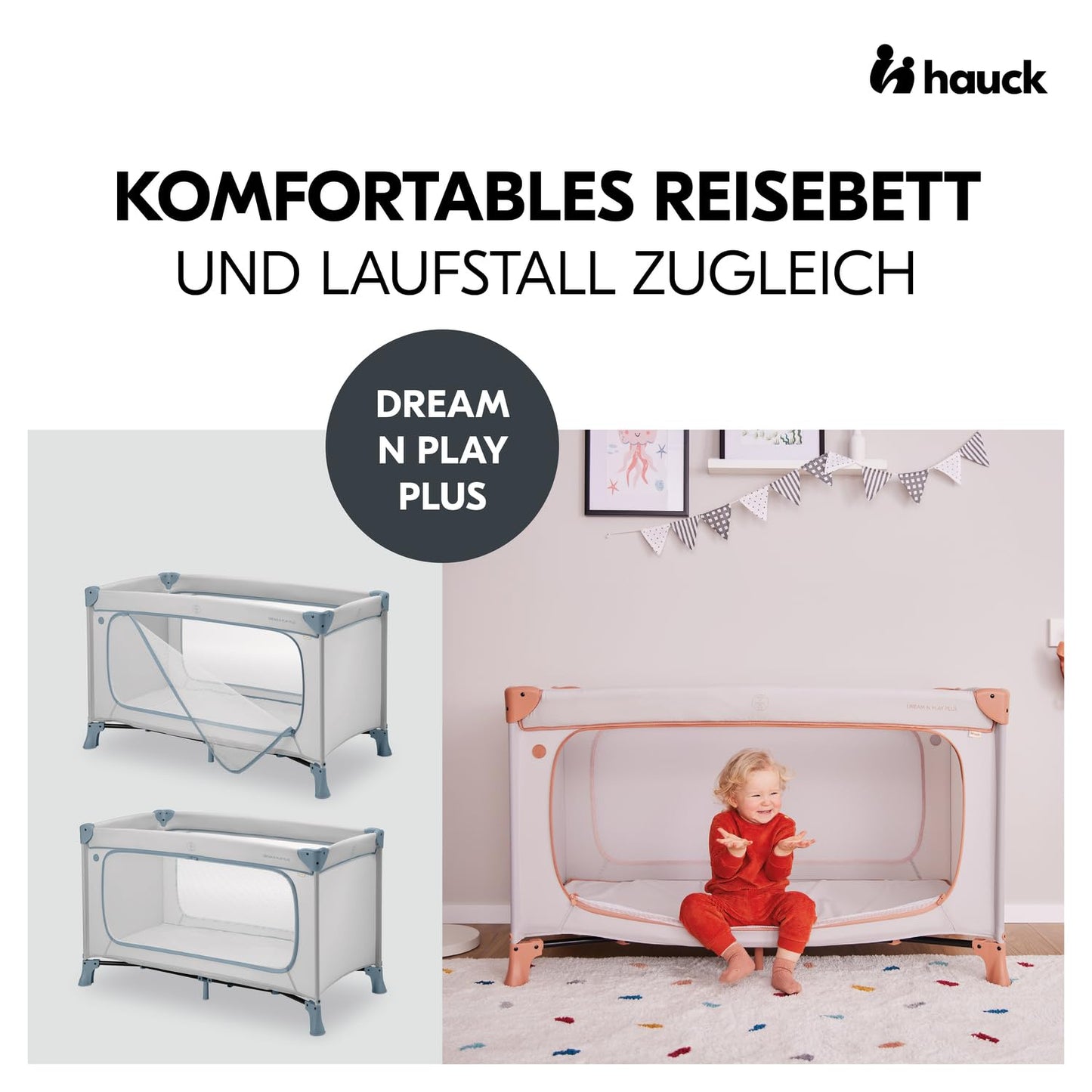 hauck travel cot baby with XL play opening, Dream N Play Plus Dusty Blue - 600986