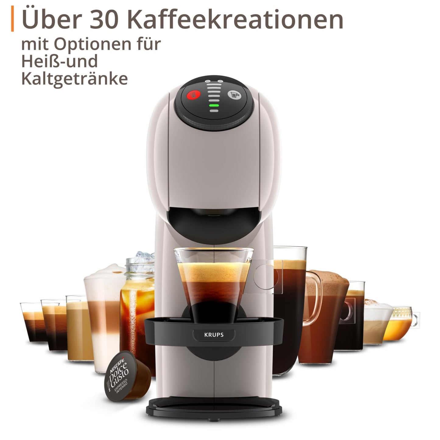 NESCAFÉ DOLCE GUSTO Genio S coffee capsule machine, removable water tank 0.8 liters, hot and cold drinks, 1500 watts, 15 bar pump pressure, eco mode, particularly compact, taupe, KP243AF0
