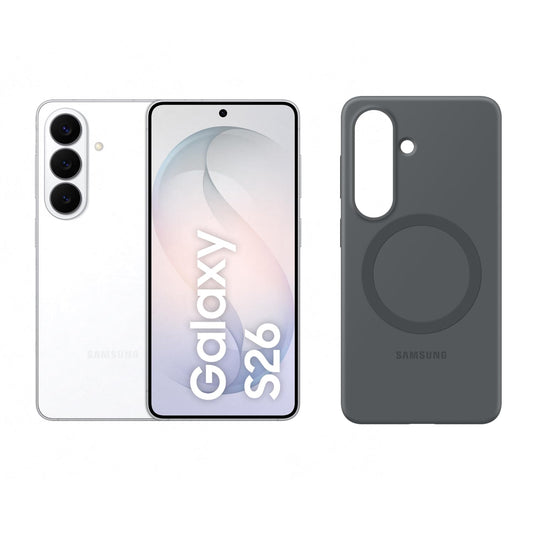 Samsung Galaxy S26 AI smartphone with Galaxy AI, no contract, mobile phone with Android, 12 GB RAM, 512 GB storage, AP processor, white, 3 year manufacturer's warranty, including silicone magnet case
