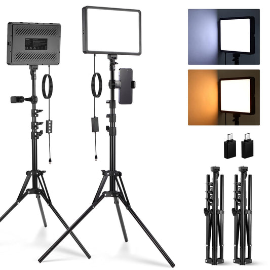 NEEWER Basics 2 Pack LED Video Light Panel with 59''/150cm Tripod Stand & Phone Holder, 2700 6500K 850Lux Bi Color Dimmable Studio Lighting for Photography Filming Recording Live Streaming, BP300 - BP300(2-Pack)