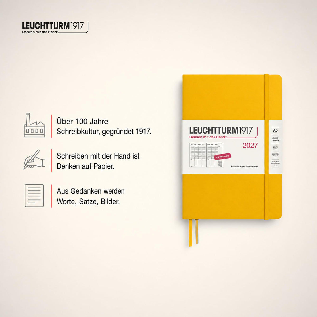 LEUCHTTURM1917 Weekly Planner 2027 Medium (A5) - French, Sunflower, 210 x 145 mm, January-December (12 months), weekly overview with hourly grid 7:00-22:00 per column, hardcover - 400408