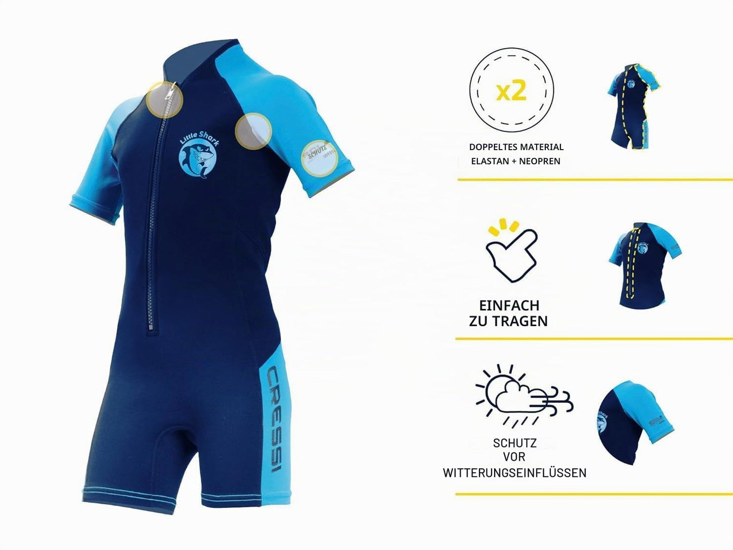 Cressi Shorty 2mm children's wetsuit - children's swimming suit with UV, cold protection, jellyfish protection - girls & boys swimming suit - dark blue/light blue - 13/14 years - XDG002908