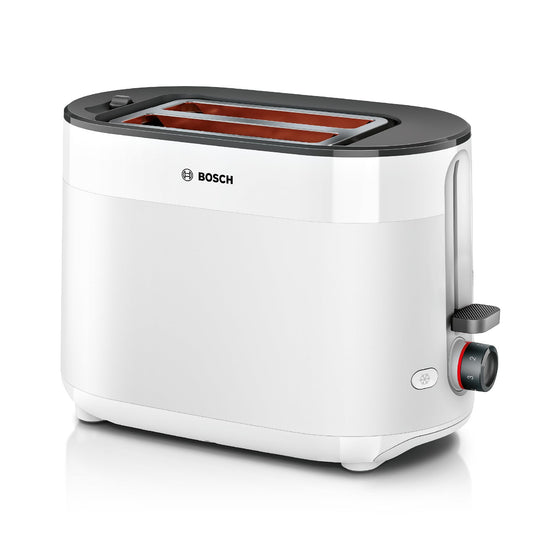 Bosch Compact Toaster MyMoment TAT2M121, integrated bun warmer, with defrost function, automatic shut-off, lift function, bread centering, perfect for 2 slices, 800 Watts, Matte White