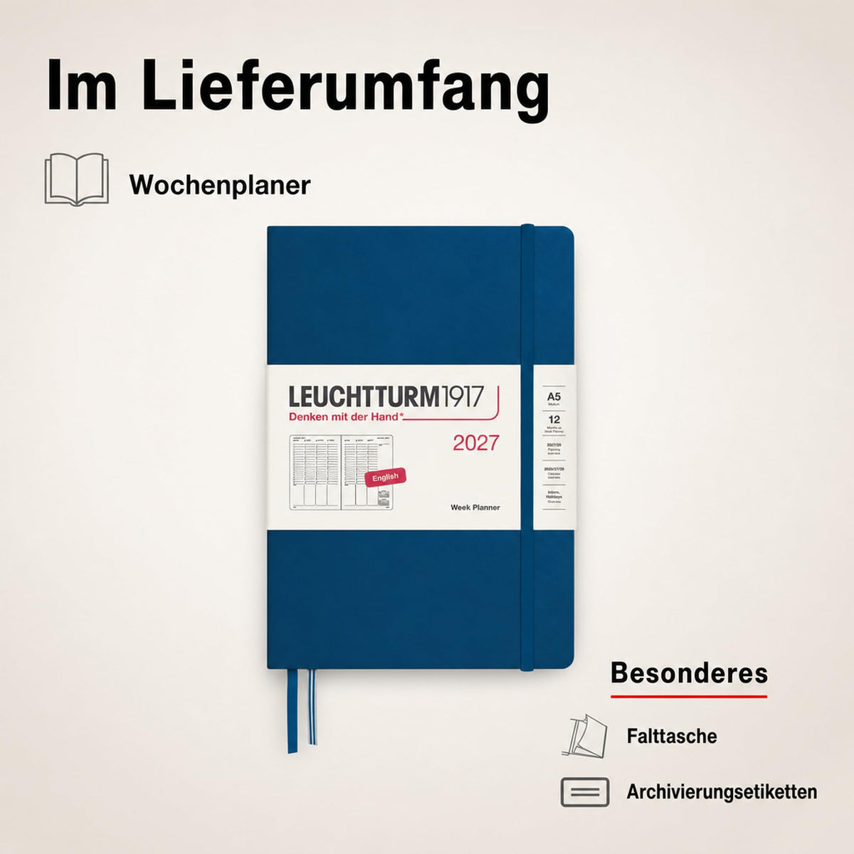 LEUCHTTURM1917 Weekly Planner 2027 Medium (A5) - English, Indigo, 210 x 145 mm, January-December (12 months), weekly overview with hourly grid 7:00-22:00 per column, hardcover, 80 g/m² paper - 400318