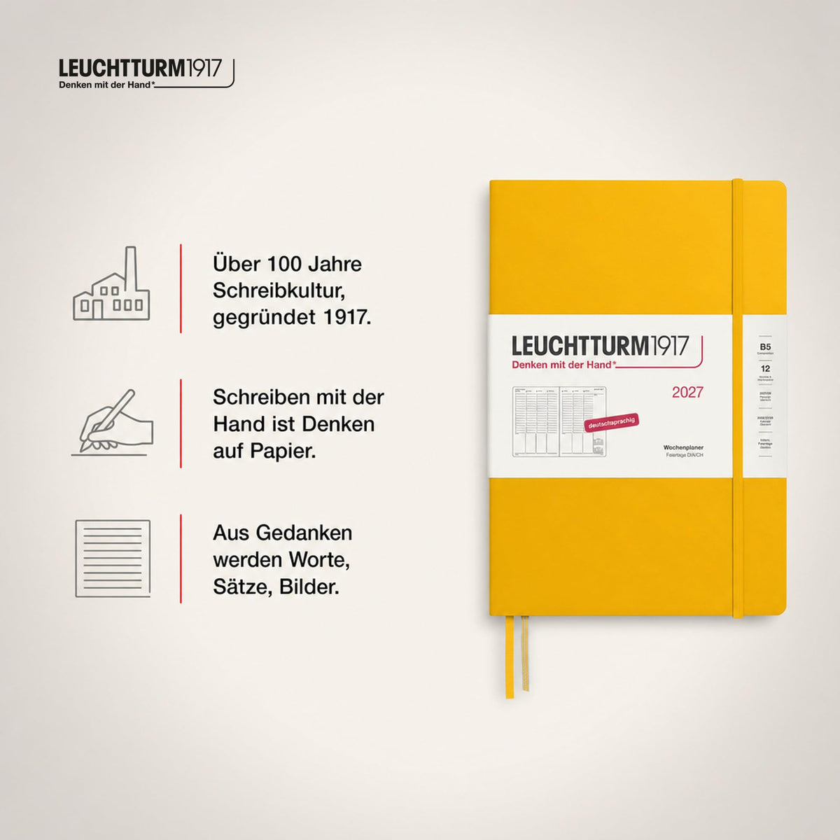 LEUCHTTURM1917 weekly planner 2027 Composition (B5) - German, Sunflower, 254 x 178 mm, January-December (12 months), weekly overview with hourly grid 7:00-22:00 per column, hardcover, 80 g/m² paper - 400143
