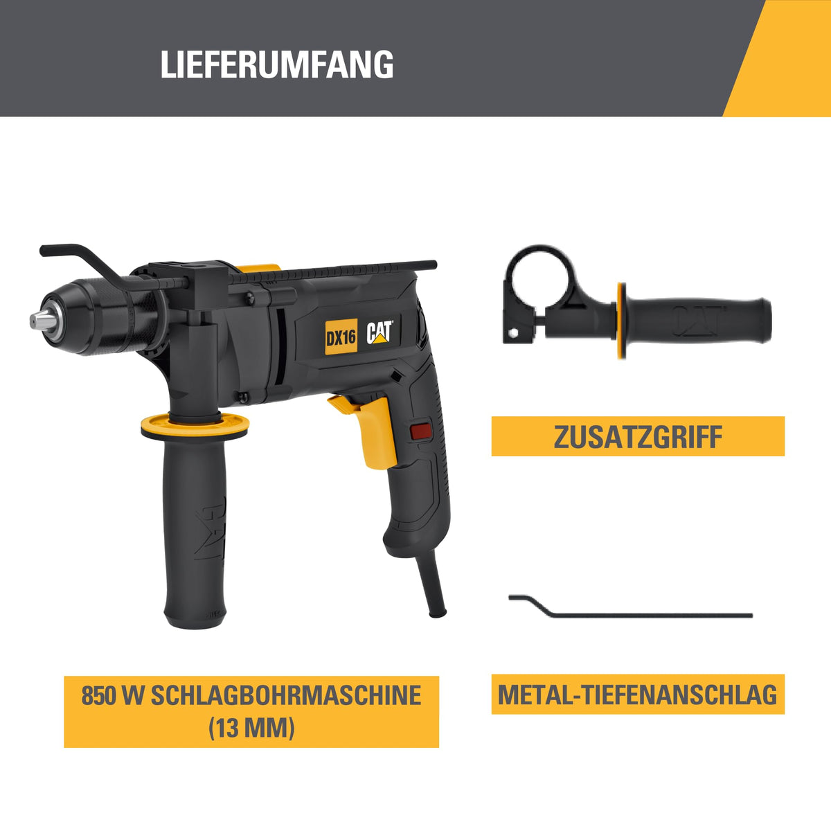 CAT DX16 Impact Drill, 13 mm, 850W, 3000 RPM speed, 48,000 BPM impact rate, variable speed control, (includes depth stop & additional handle)