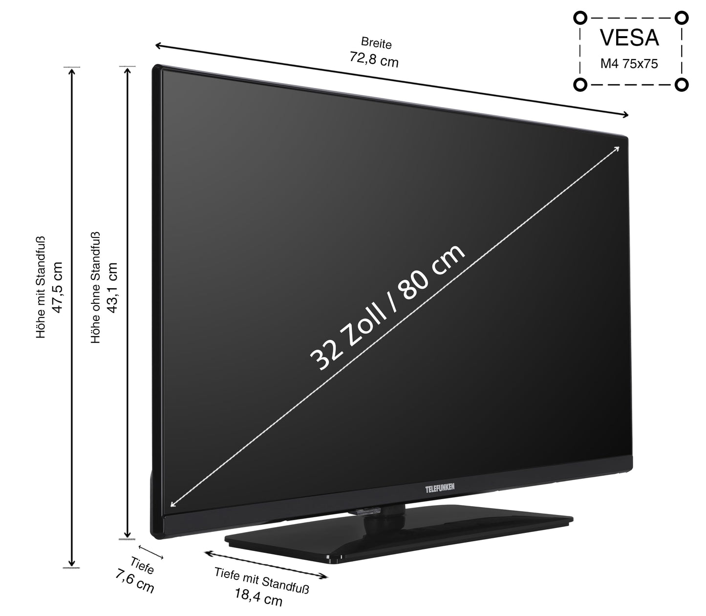 TELEFUNKEN XH32N750M television, 32 inch, HD-Ready LED TV with 800 mm screen diagonal and integrated triple tuner, black, 2024