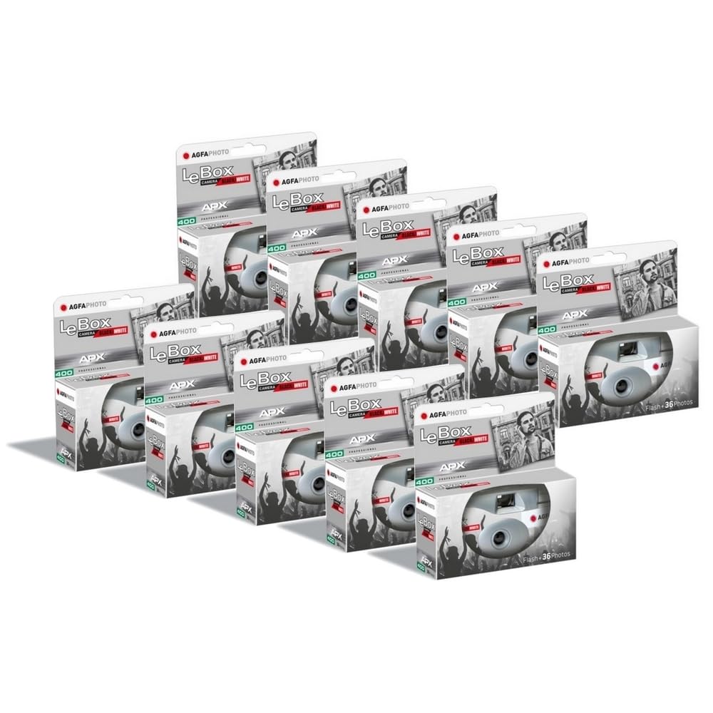 AgfaPhoto Disposable Black and White Camera - LeBox Flash Black and White (Pack of 10) - 35mm, 10 x 36 photos, APX film ISO 400, 31mm lens, fixed focus and built-in flash - Gray - 3760265545476