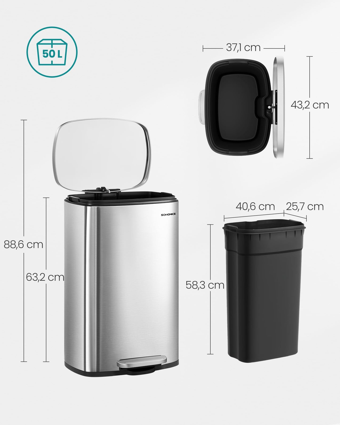 SONGMICS kitchen rubbish bin, 50 liters, waste bin, pedal bin, with lid, soft close, foot pedal, steel, inner bin, silver LTB050E01