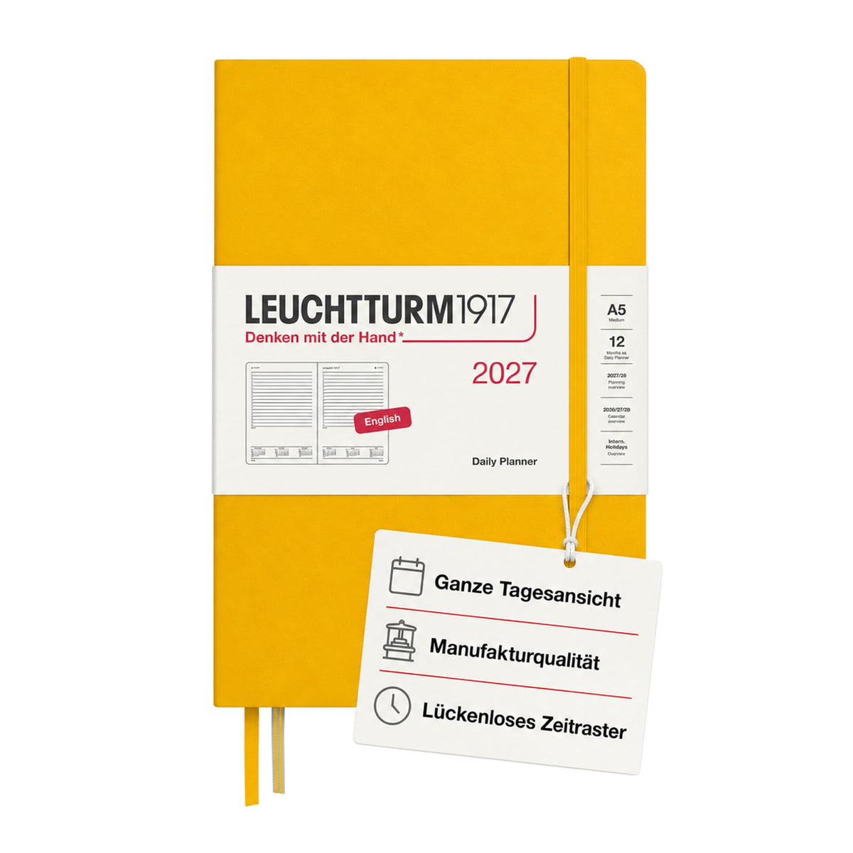 LEUCHTTURM1917 Calendar zilnic 2027 Mediu (A5) - engleză, floarea soarelui, 145 x 210 mm, ianuarie-decembrie (12 luni), 1 pagină pe zi, grilă orară 7:00-22:00, copertă cartonată, hârtie de 80 g/m² - 400327
