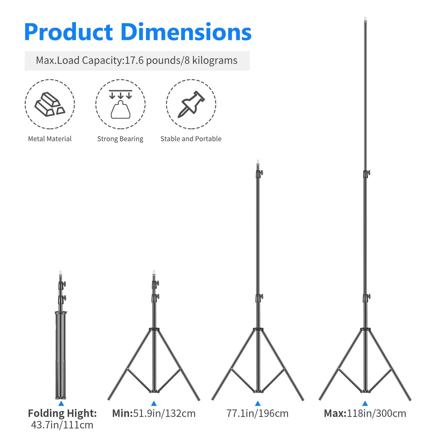 NEEWER High Performance Light Stand 3 Meters Adjustable Spring Padded Metal Photography Tripod Stand for Photo Studio Softbox Flash Monolight Ring Light and Other Photo Equipment (Black) - 10097834