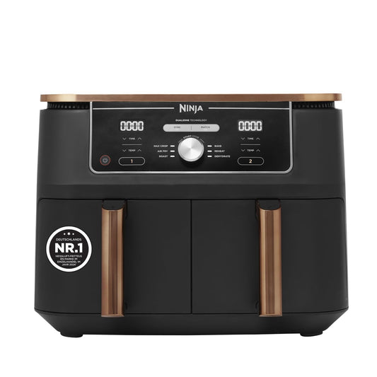 Ninja Foodi MAX Dual Zone Air Fryer, 9.5L Airfryer, 2 Compartimente, cu Clește, Acoperire Antiaderentă, Coșuri Lavabile în Mașina de Spălat Vase, 6-în-1, Exclusiv Amazon, Cupru/Negru, AF400EUCP