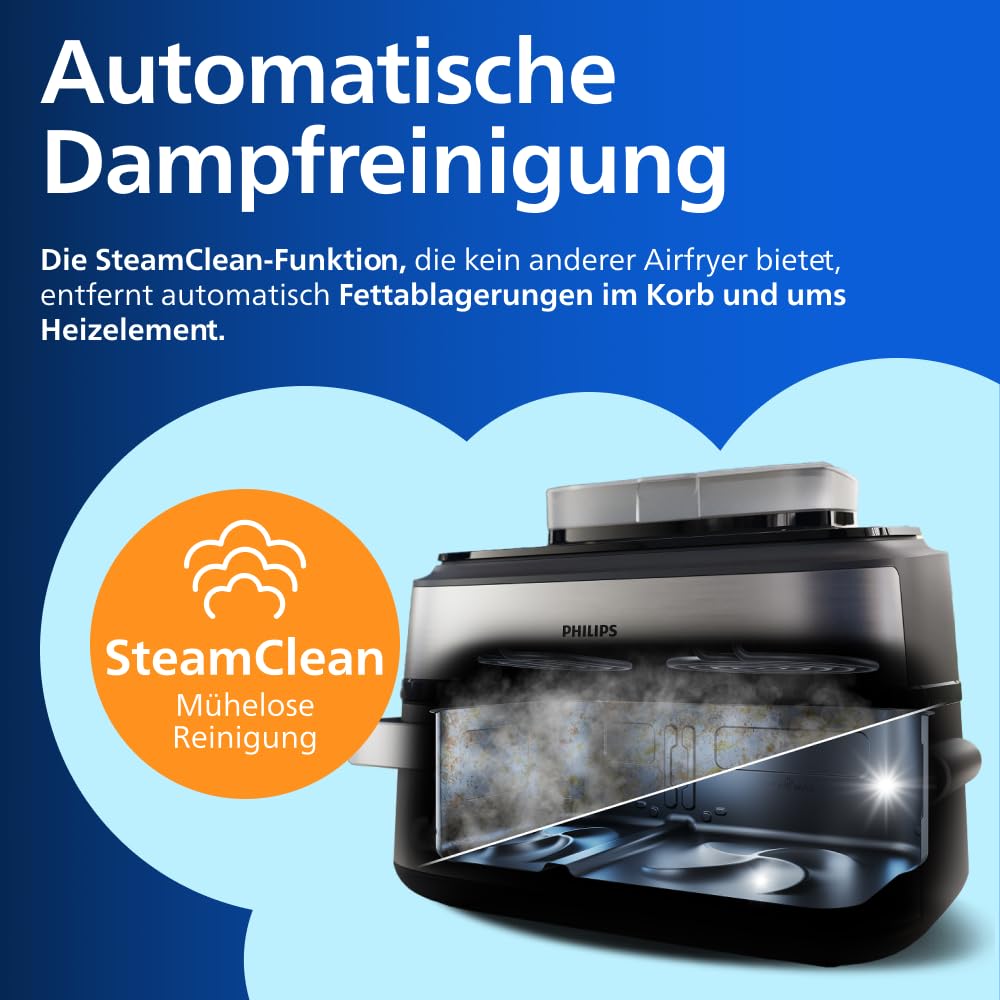 Philips Steam Airfryer 5000 Series Megabasket - Hot air fryer with steam function - Steam, Airfry, SteamFry, 9.5L Megabasket or 3L + 6L Dual Basket, basket separator, steam cleaning (NA565/00)