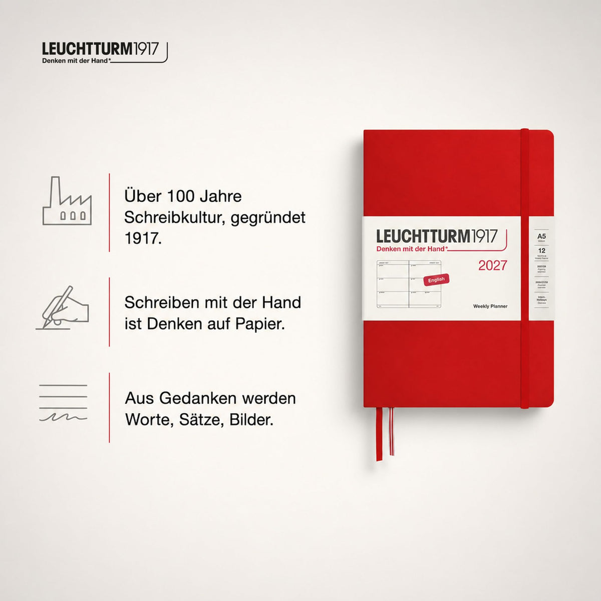 LEUCHTTURM1917 Calendar săptămânal 2027 Mediu (A5) - Engleză, Cireș, Hardcover, 145 x 210 mm, 12 luni - ianuarie-decembrie 2027, 1 săptămână pe pagină dublă, hârtie de 80 g/m² cu compatibilitate ridicată cu cerneală - 400270