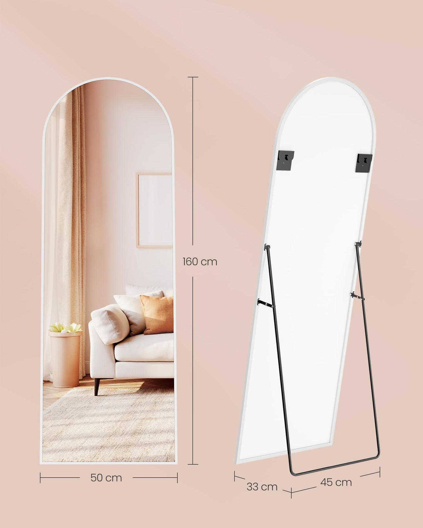 SONGMICS Full Length Mirror 160x50cm Curved Standing Mirror Aluminum Alloy Frame Tempered Glass for Bedroom Living Room Cloakroom Matte White LFM031WC01 - ULFM031WC01