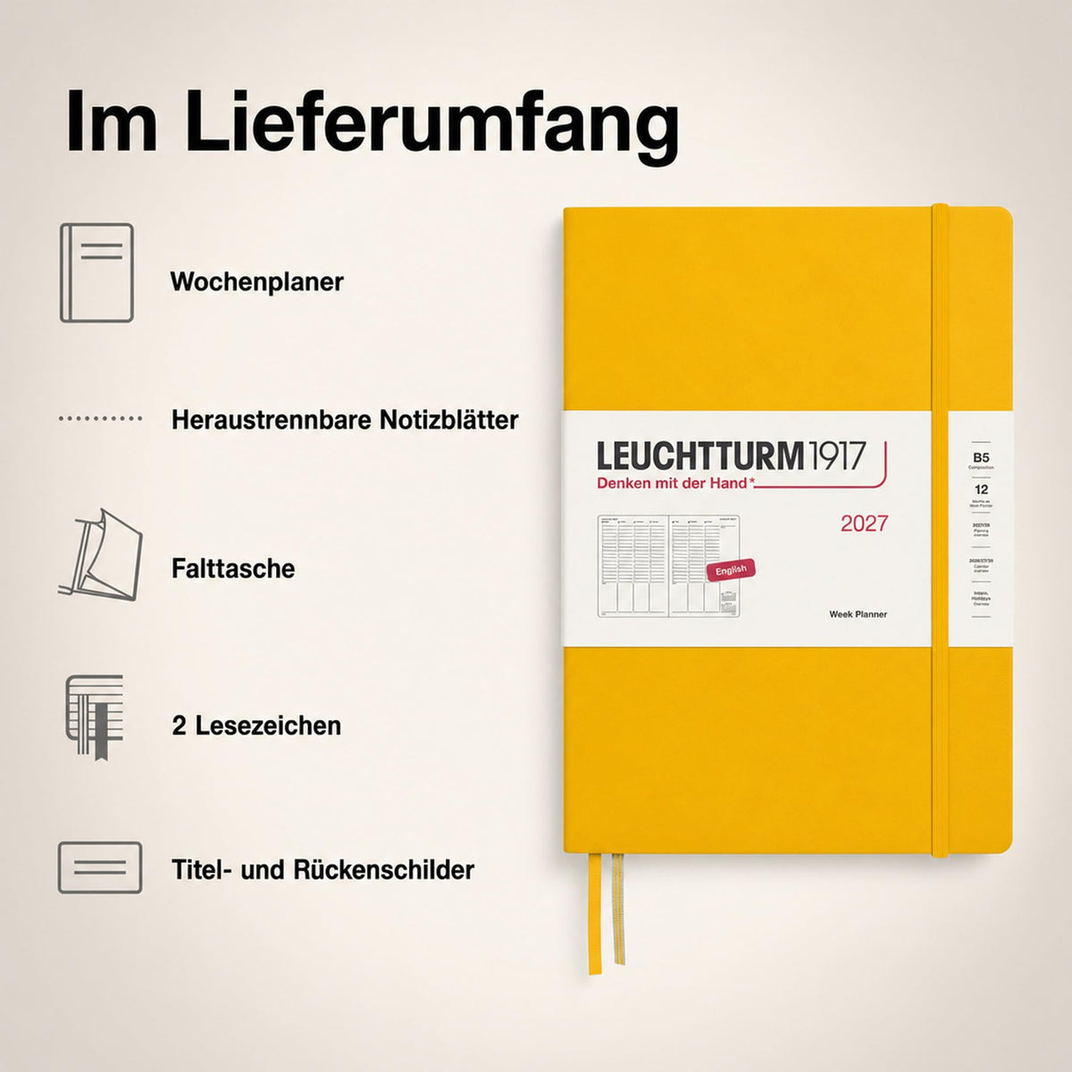 LEUCHTTURM1917 Weekly Planner 2027 Composition (B5) - English, Sunflower, 254 x 178 mm, January-December (12 months), weekly overview with hourly grid 7:00-22:00 per column, hardcover, 80 g/m² paper - 400310