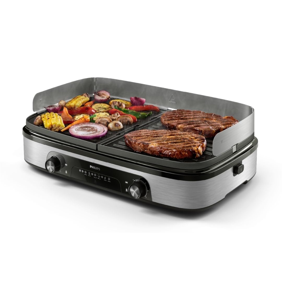 Philips table grill 5000 Series - Large family grill, reversible plates, two heating zones, 5 temperature settings, 2400W, non-stick coating, dishwasher safe (HD6222/95) - ‎HD6222/95