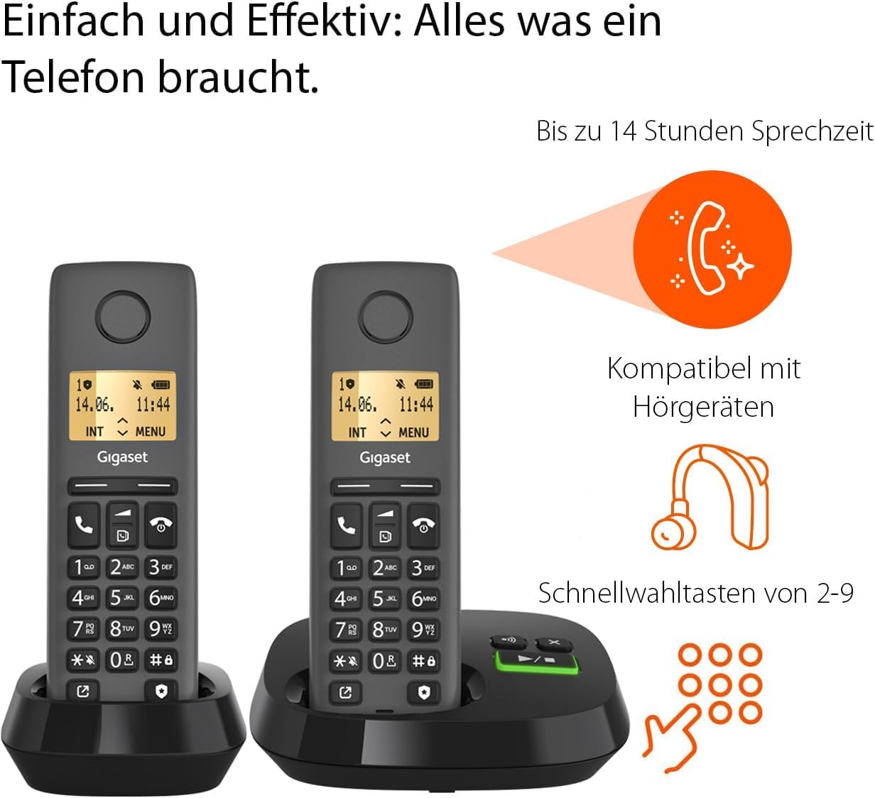 Gigaset PURE 120A Duo - 2 cordless telephones with answering machine - ECO DECT - call protection - illuminated display - hearing aid compatible, anthracite black [Compatible in DE, IT, FR, NL, BE, Che, AUT] - L36852-H3125-R143