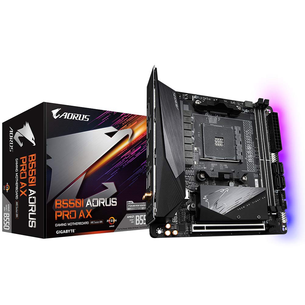 GIGABYTE B550I AORUS PRO AX Motherboard – Compatible with AMD Ryzen 5000 CPUs, 8 Phase VRM, supports up to 5300 MHz DDR4, 1x PCIe 4.0 + 1x PCIe 3.0 M.2, Wi-Fi 6E, 2.5GbE LAN, USB 3.2 Gen 2