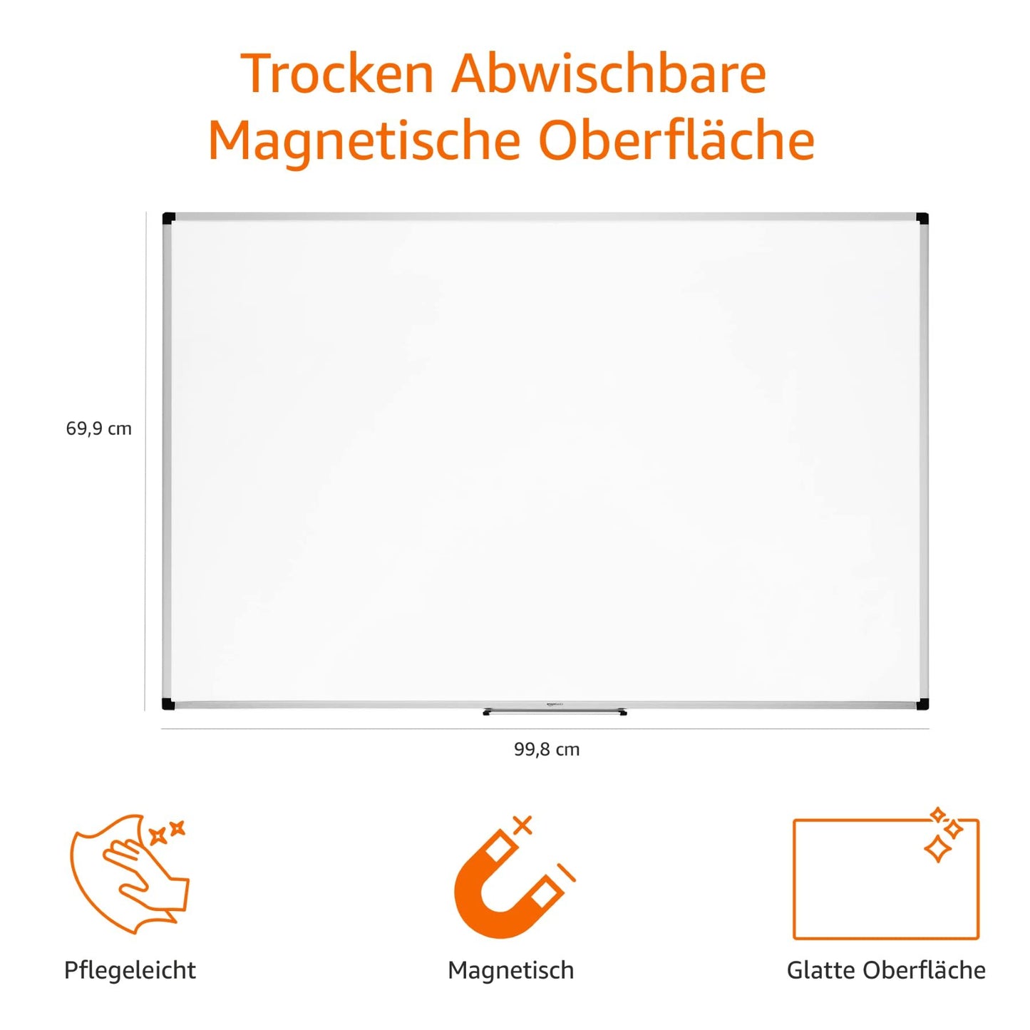 Amazon Basics magnetic whiteboard with aluminum frame, pen holder, 6 magnets, 1 eraser and 2 markers for office and home, wall mounting, dry wipeable, 90cm x 60cm - 1548964572