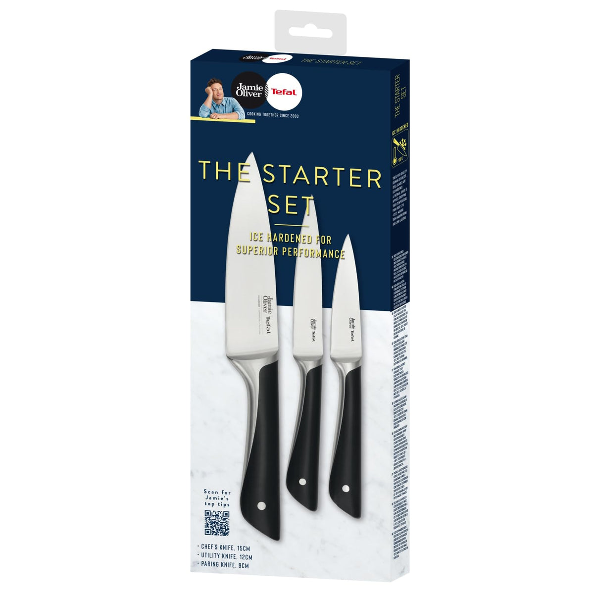 Tefal Jamie Oliver 3-piece knife set, chef's knife, utility knife, paring knife, high cutting performance, distinctive design, durable blades, stainless steel, black, K267S355
