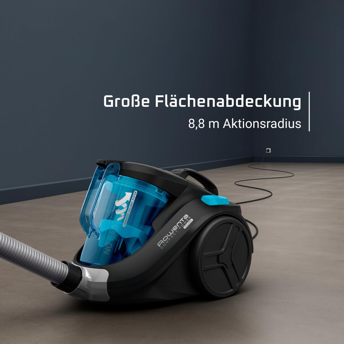 Rowenta Compact Power Cyclonic, aspirator fără sac, îndepărtează murdăria adânc înrădăcinată, 750 Watt, capacitate de 1,5 litri, golire ușoară, aspirator silențios, negru/albastru, RO3731 - RO3731EA