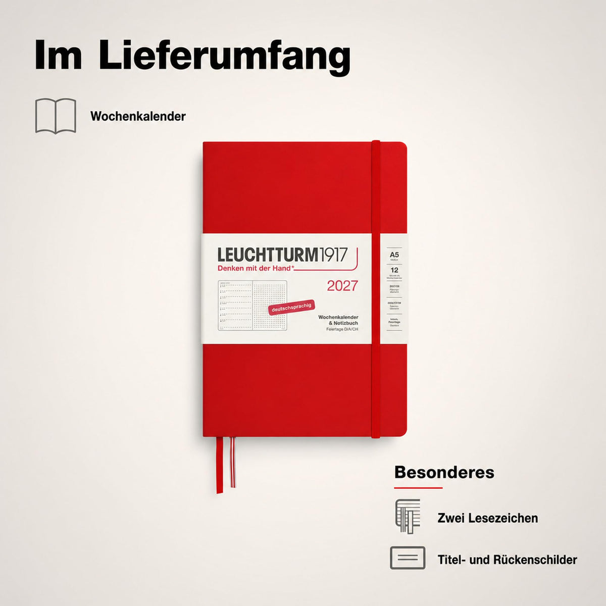 LEUCHTTURM1917 Calendar săptămânal 2027 punctat mediu (A5) cu caiet - Planificator de întâlniri german, cireș, ianuarie-decembrie 2027, prezentare generală săptămânală în stânga + pagină cu note în dreapta - 400092