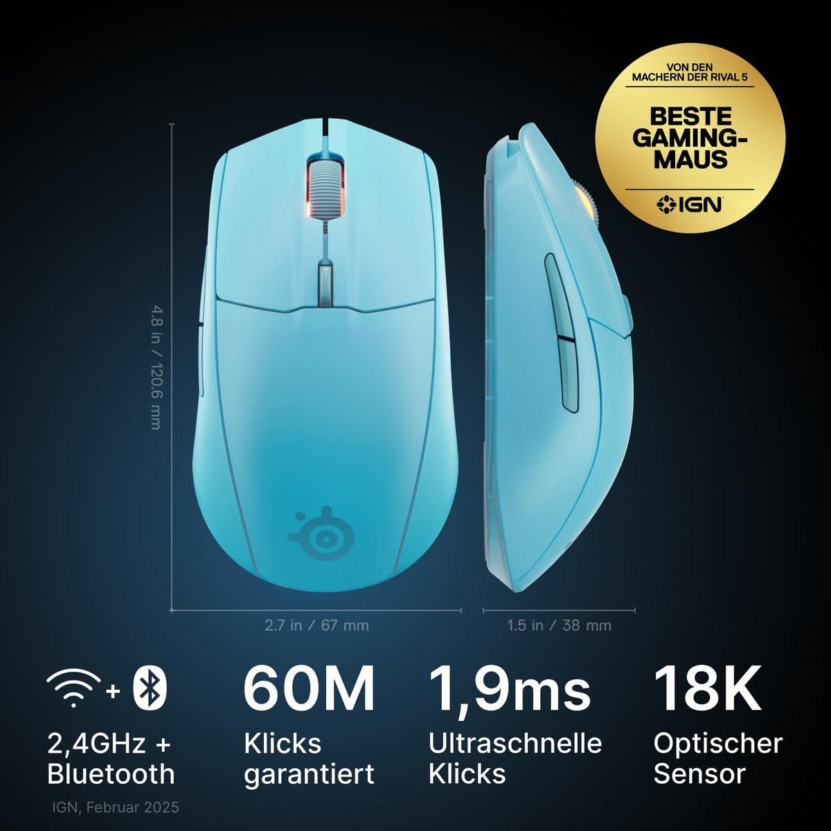 SteelSeries Rival 3 Wireless Gen 2 Mouse de gaming – 2,4 GHz și Bluetooth – senzor optic TrueMove Air de 18.000 DPI – 60 milioane de clicuri garantate – ultra ușoară – picioare de PTFE – Aqua - 62526
