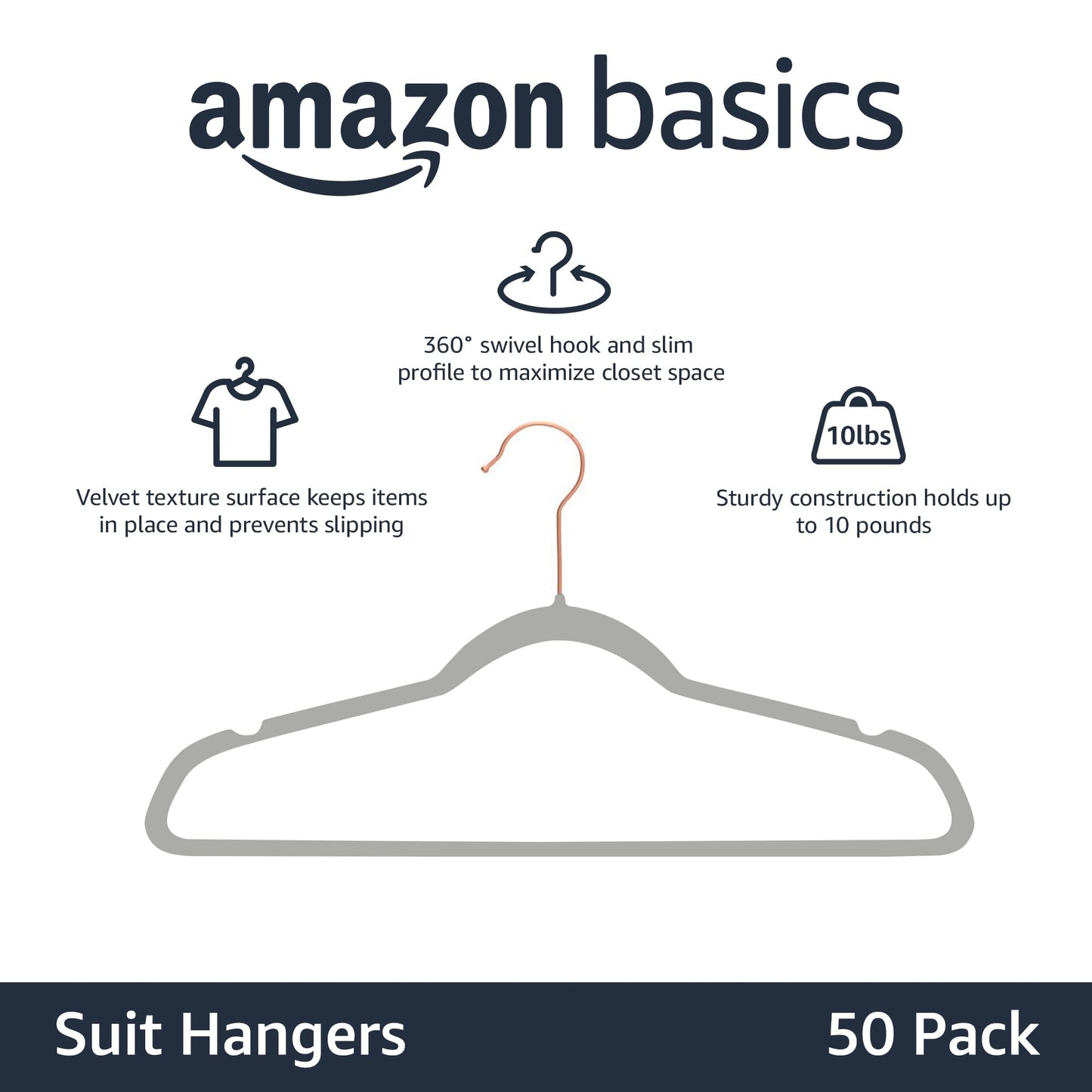 Amazon Basics Velvet Slim Non-Slip Suit Hangers Pack of 50 Grey/Gold - AH_vnv1008