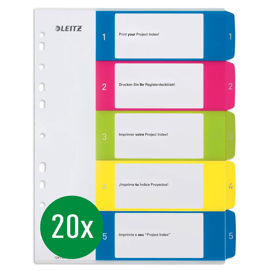 Leitz index for A4, pack of 20, PC-writable cover sheet and 5 separator sheets, tabs with numbers printed 1-5, extra width, multi-colored, polypropylene, WOW, 12410000 - 12410000-20