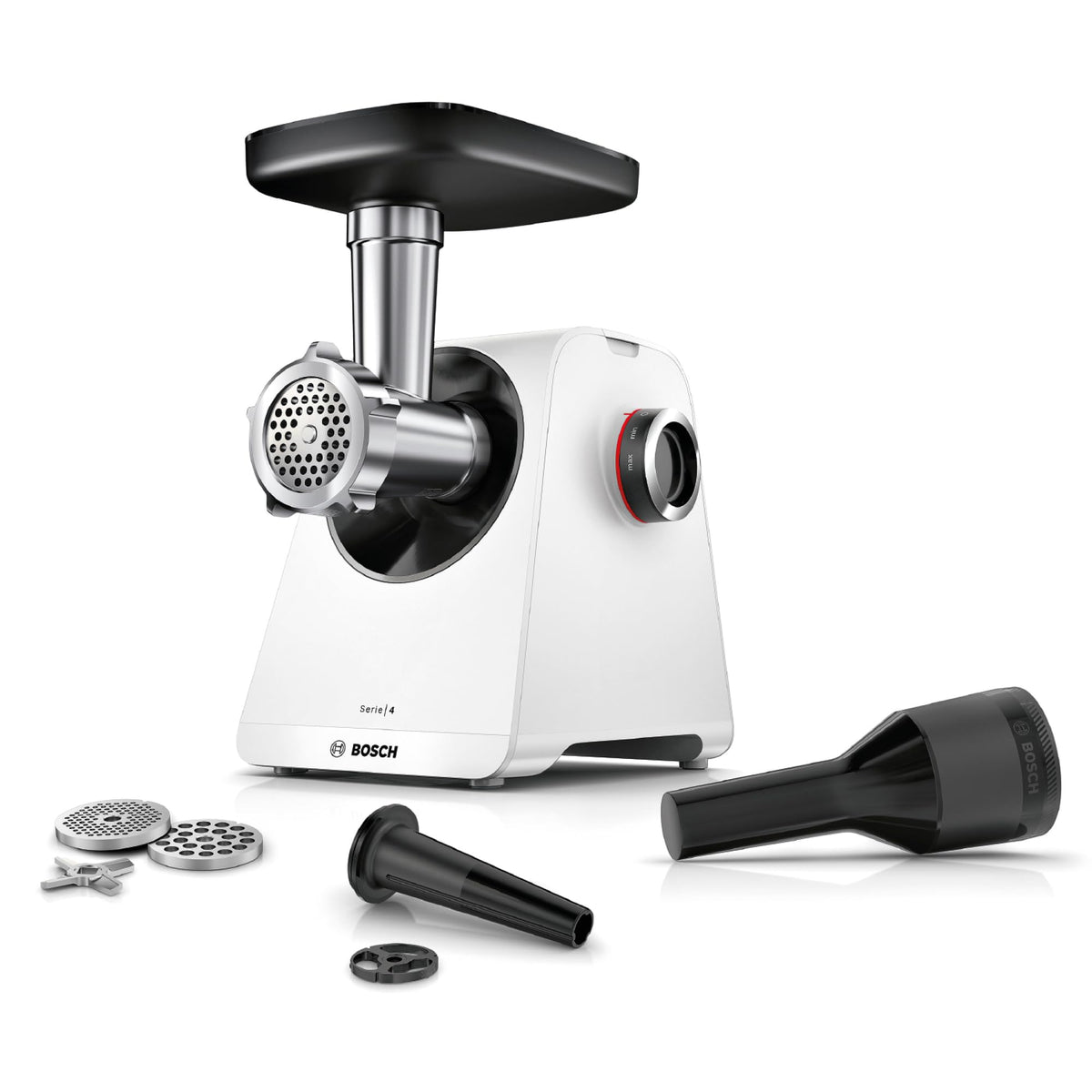 Bosch Răzătoare de carne Serie 4, 2 discuri de tăiere (3 / 8mm) din oțel inoxidabil, lavabile în mașina de spălat vase, electrică, puternică, compactă, 2 trepte, umplutură de cârnați, 1.900 W, alb/negru, MultiPower MFWS420W