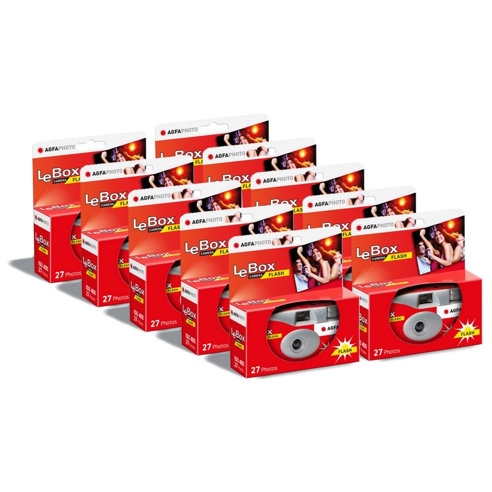 AGFA Photo 601020 LeBox Flash, disposable camera, 27 photos, optical lens 31 mm, gray and red, pack of 10 - 3760265545308