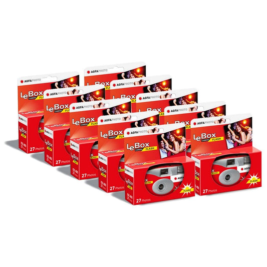 AGFA Photo 601020 LeBox Flash, disposable camera, 27 photos, optical lens 31 mm, gray and red, pack of 10 - 3760265545308