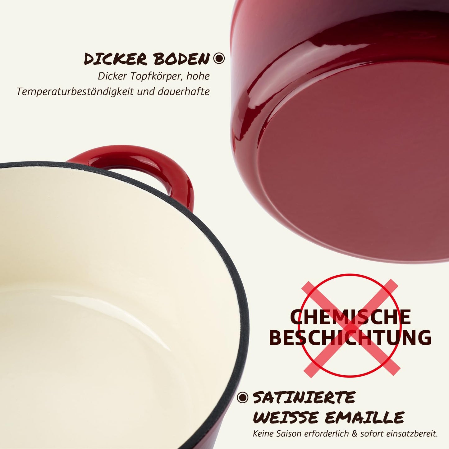 Overmont Casserole Cast Iron Pot 26cm - Enamel Roaster with Lid Oven Safe - with Cookbook - for Kitchen Baking Stewing Roasting Red - Dutch