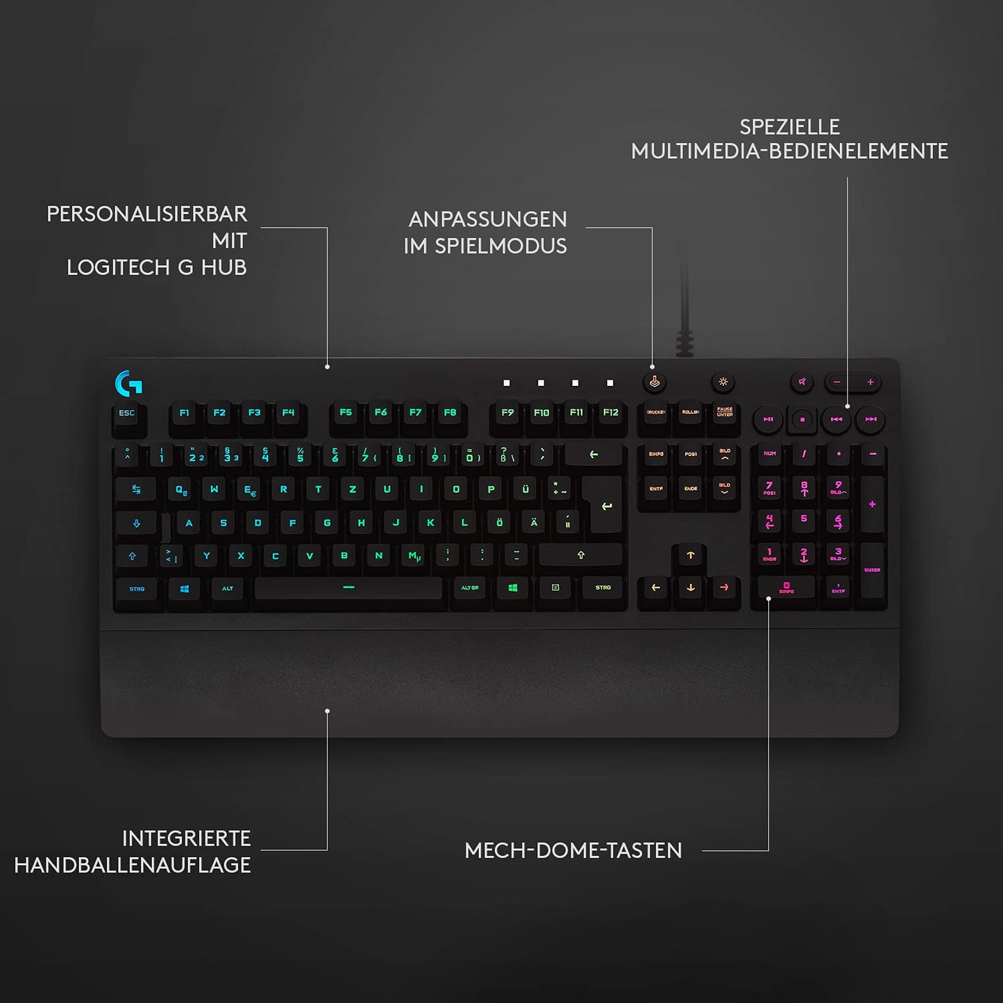 Logitech G213 Prodigy gaming keyboard, RGB lighting, programmable G-keys, multi-media controls, integrated wrist rest, splash-proof, German QWERTZ layout - black - 920-008087