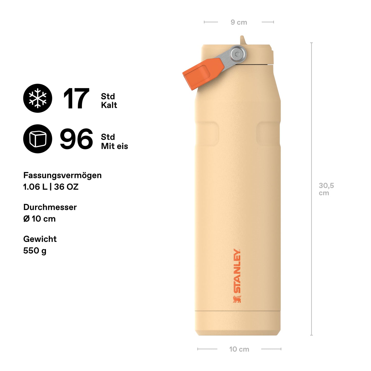 Stanley 1913 Flip Straw Drinking Bottle with Straw 1.06L - Thermal Mug Cools for 17 Hours - Ice Cold for 4 Days - BPA Free - Leakproof - For Drink Holders - Dishwasher Safe - Orange Sherbert - 100000127150