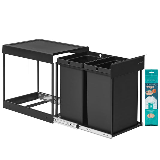 Coș de gunoi de bucătărie SONGMICS, sistem de separare a deșeurilor pentru dulapul de bază, 2 x 20 L, coș de gunoi cu 2 compartimente, extensibil, cadru de oțel, capac ABS, negru cerneală LTB951B01