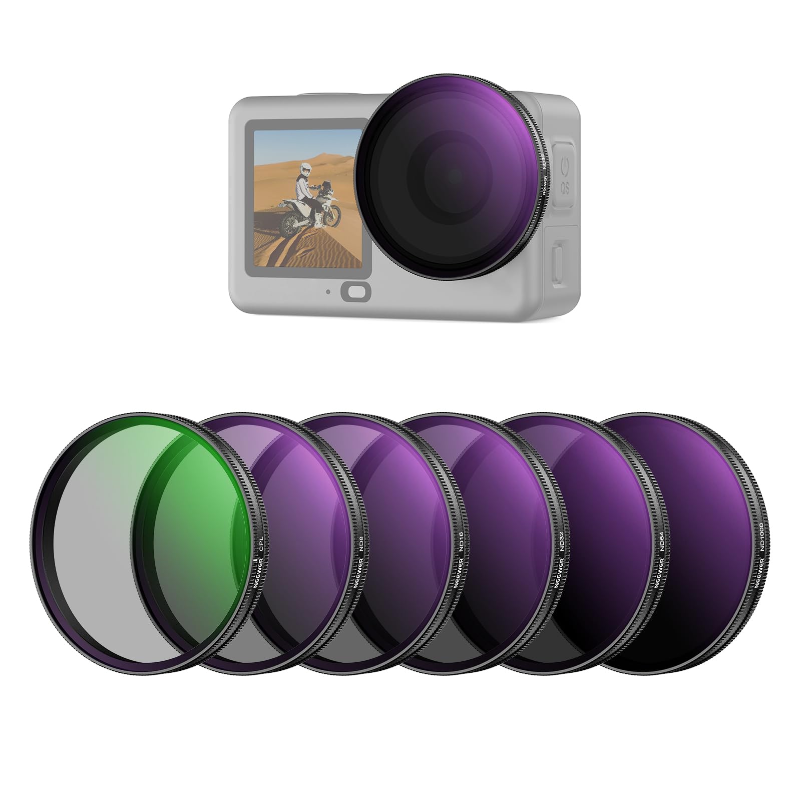 NEEWER CPL + ND Filter Set Compatible with DJI Osmo Action 6 only, ND8/16/32/64/1000 Adjustable circular polarizing filter gray filter, screw-on multi-coated HD Action Cam photo accessories, FL-B2 - 10107806
