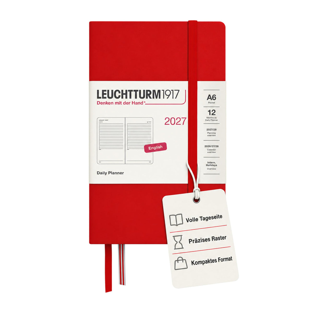 LEUCHTTURM1917 Daily Calendar 2027 Pocket (A6) - English, Cherry, 90 x 150 mm, January-December (12 months), 1 page per day, hourly grid 7:00-22:00, hardcover, 80 g/m² paper - 400332