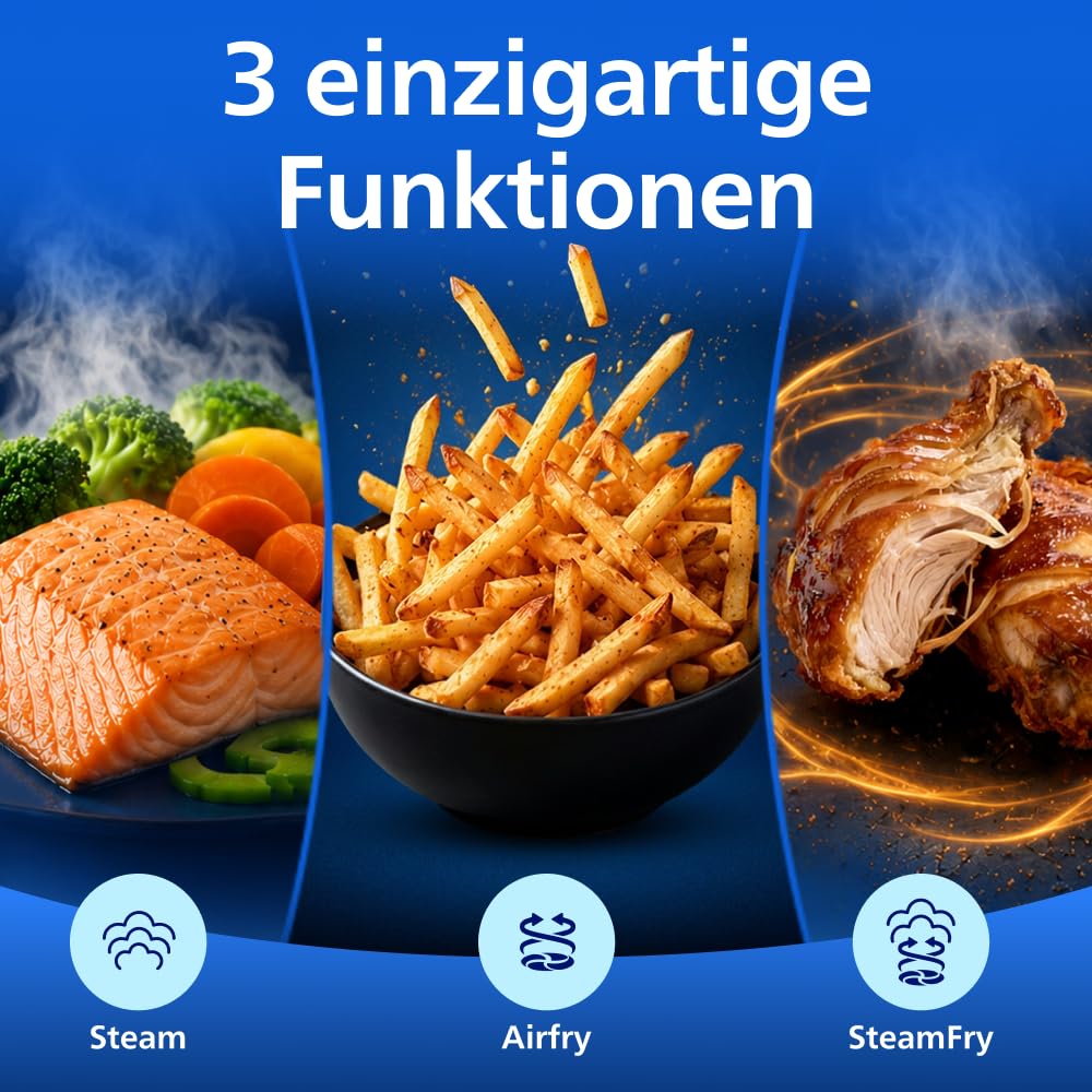 Philips Steam Airfryer 5000 Series Dual Basket Hot Air Fryer with Steam Function & 2 Baskets - Steam, Airfry, SteamFry, 9L (3L+6L), RapidAir Plus, Automatic Steam Cleaning (NA555/00)