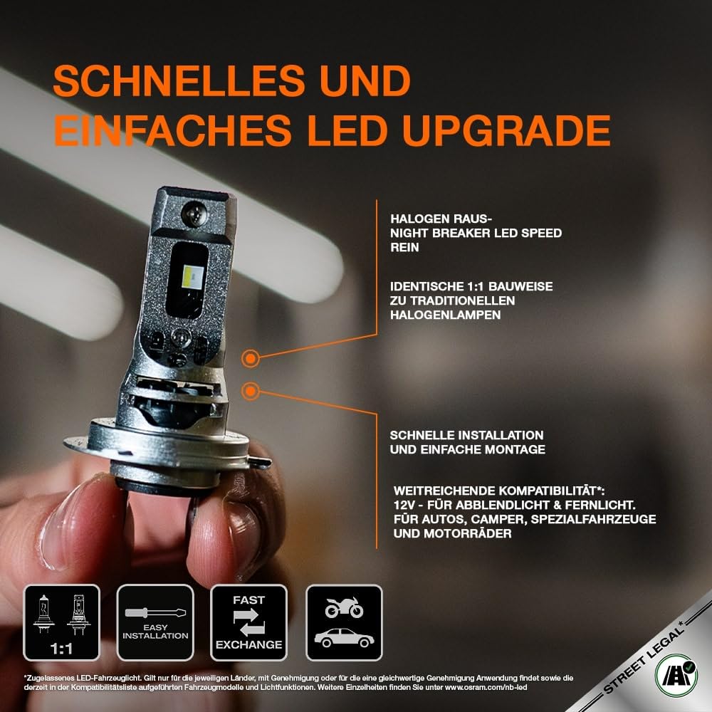 Osram NIGHT BREAKER LED SPEED H7, LED high and low beam with street approval, 6000K, quick installation, no mechanical accessories necessary, LEDEC02 integrated - 64210DWNBSP-2HB