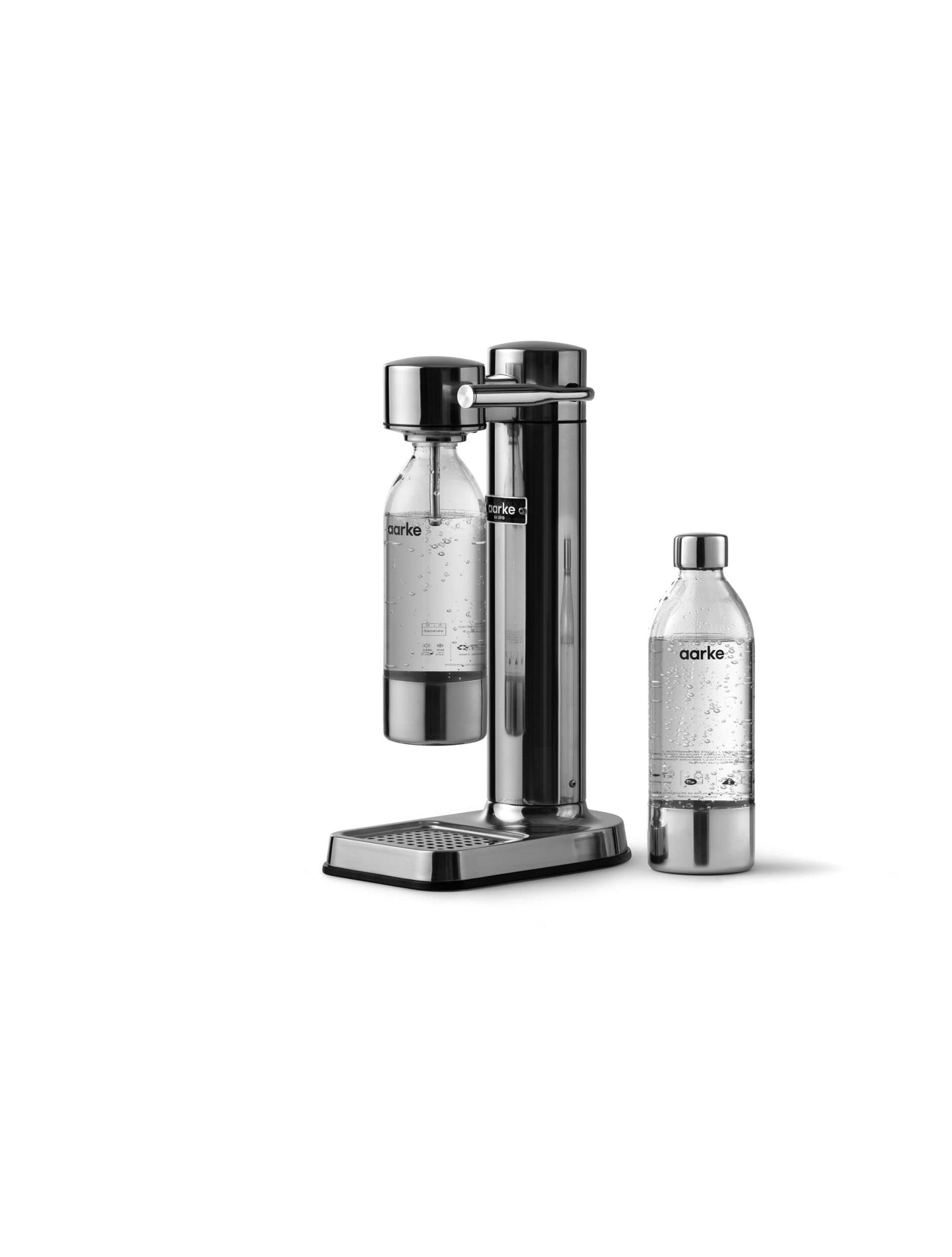 Aarke Carbonator 3, stainless steel sparkling water maker in a modern stainless steel finish with 2x BPA-free 1L PET bottles, sparkling water maker for tap water, compatible with 60L CO2 cylinders - AA-C3