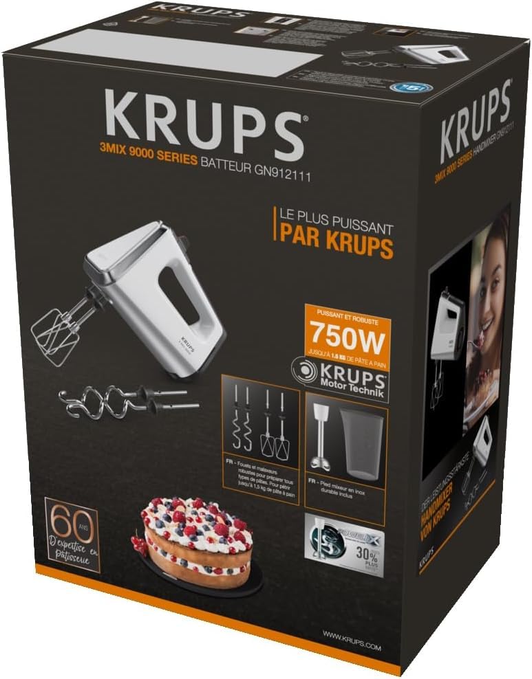 Krups 3 Mix 9000 hand mixer, 750 watts, speed control, turbo mode, ergonomic handle, hand mixer incl. whisk, dough hook, blender attachment, measuring cup, white/silver, GN9121