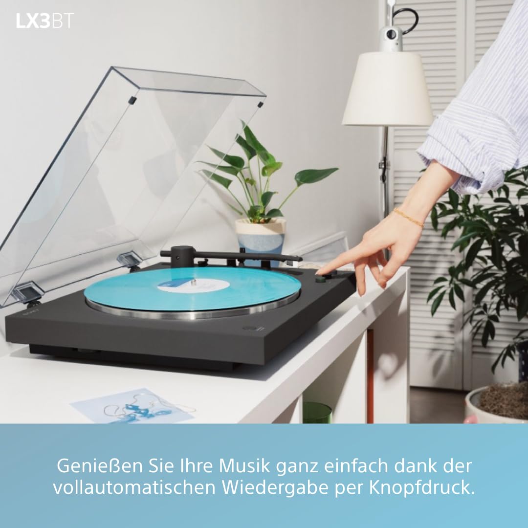 Sony PS-LX3BT wireless Bluetooth turntable with fully automatic playback, Hi-Res Audio, belt drive, built-in phono preamp, 2 speeds, and dust cover – Black